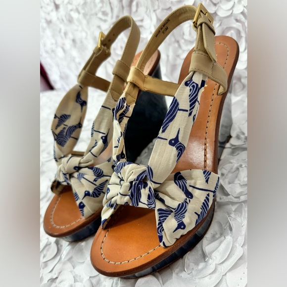 Kate Spade Sandpiper Wedge Platform Sandal Blue Birds Summer Tropical Size 8.5 - Picture 4 of 12